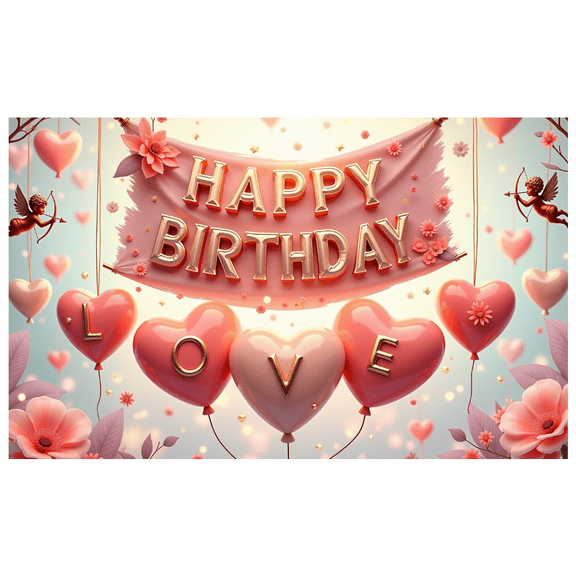 Romantic Love Theme Happy Birthday Banner Decorative Cupid Balloon Floral for Valentine's Day Celebration Indoor Party