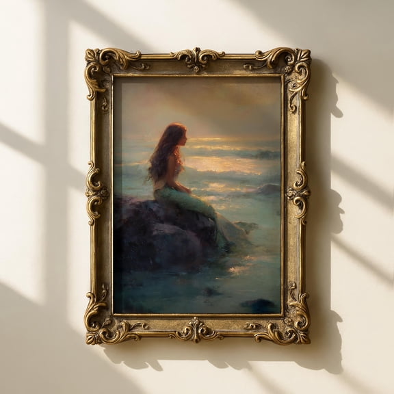 Romantic Mermaid Wall Art, Fantasy Ocean Sunset, Whimsical For Coastal Fairy Tale Decor Home Decor #819, Unframed Canvas Size 8x12