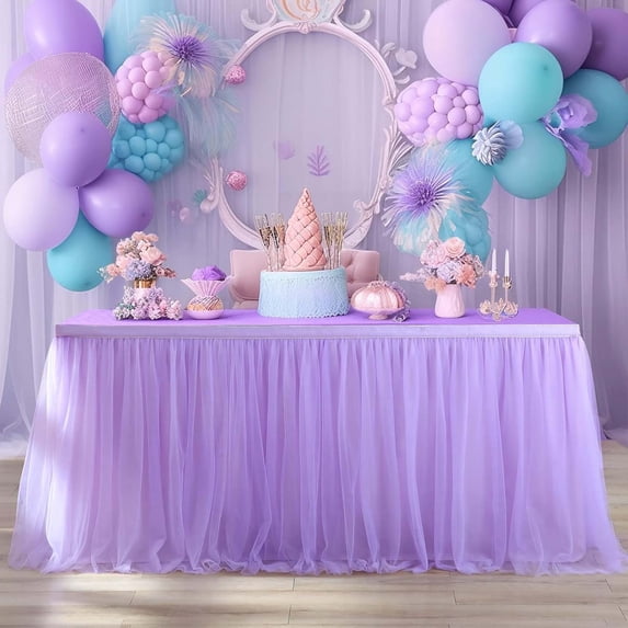 Romantic Mesh Tulle Table Skirt for Wedding Birthday Party, Beautiful Dessert Table Decoration Table Skirt for Bridal Shower Shower Home Party Decor Rectangle or Round Tables Purple L