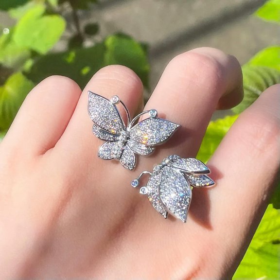 Romantic Micro Inlay CZ Silver Plated Open Cuff Adjustable Women Butterfly Ring