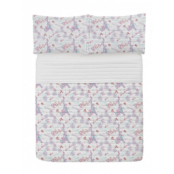 Romantic Microfiber Bedspread Set, Vintage European Paris Eiffel Tower with Flowers Floral Swirls Art, Soft Bedding Set with Pillow Shams & Comforter, 3 Sizes, Pale Blue Pink and White, by Ambesonne