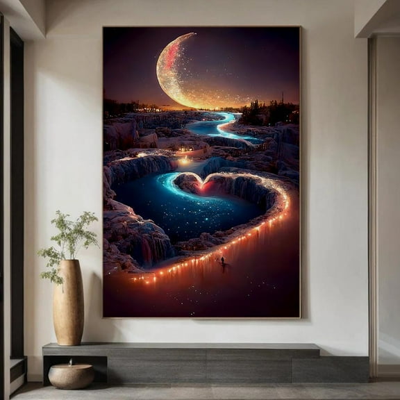 Romantic Moon River Poster Heart-Shaped Landscape, Dreamy Fantasy Poster Home Decor, 12x18 UNFRAMED