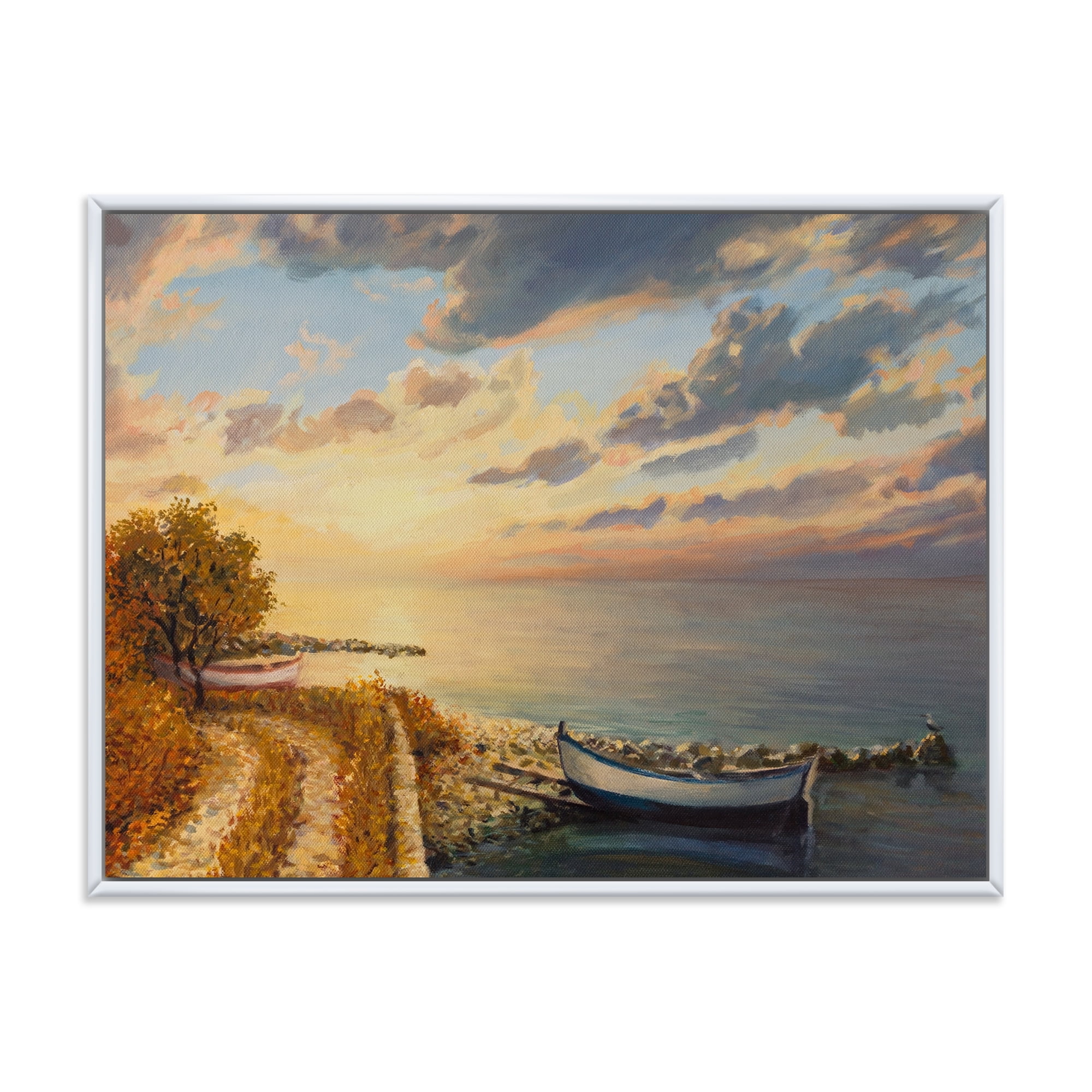 Romantic Morning By The Sea 40 in x 30 in Framed Painting Canvas Art Print, by Designart