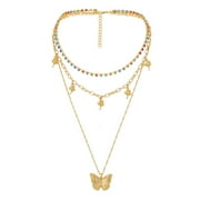 YOMIEE Romantic Multi-layer Rose Flower Butterfly Colored Diamond Necklace Trend Personality Elegant Sexy Clavicle Chain,Teen Girl Gifts