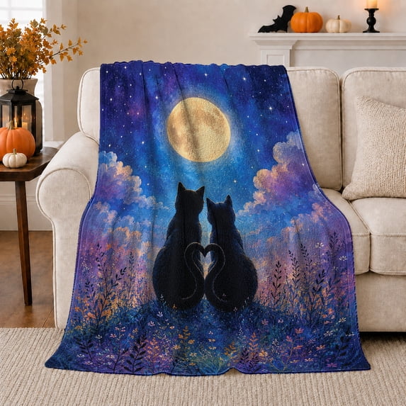Romantic Night Scene Two Cats Under Moonlit Sky, Mystical Pet Portrait Pattern, Warm Flannel Blanket for Living Room and Bedroom, Cat Lovers Valentine's Day Gift, Pet Lover Home Decor