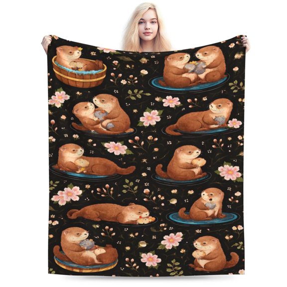 Romantic Otter Floral Blanket, Valentines Day Couple Gift Soft Cozy Plush Flannel Blanket for Sofa Couch Bed Living Room Decor 50x40
