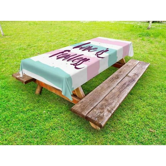 Romantic Outdoor Tablecloth, Love is Fearless Inspirational Inscription on Pastel Color Bands, Decorative Washable Fabric Picnic Tablecloth, 58 X 104 Inches, Plum Pale Pink Mint Green, by Ambesonne