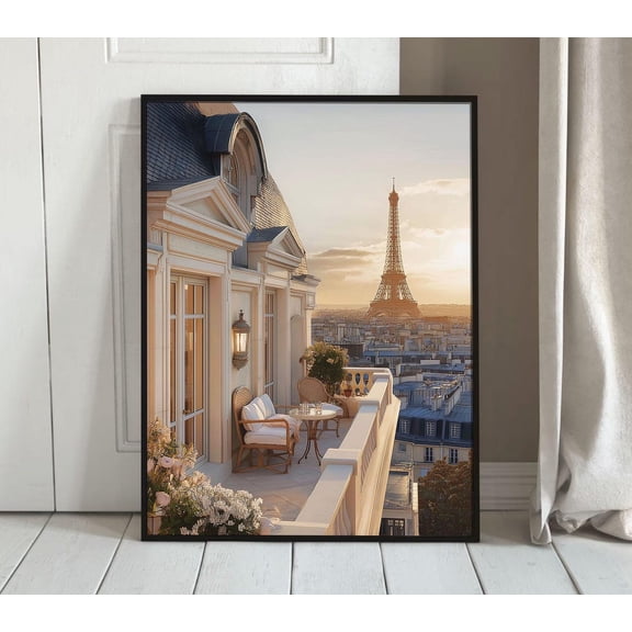 Romantic Paris Balcony View Elegant Wall Art Eiffel Tower Sunset Chic French Aesthetic France Travel Lover Scenic Landscape Print, Unframed Paper Print