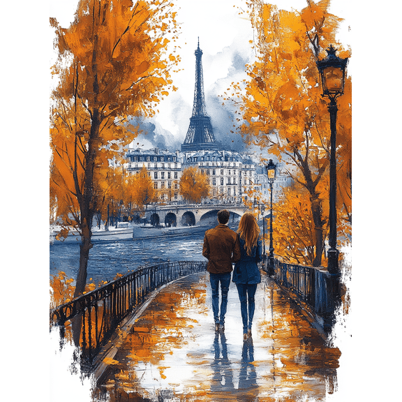 Romantic Paris Eiffel Tower Autumn Couple Canvas Painting Suitable for Living Room Bedroom Dining Room Office and Hotel Decoration.