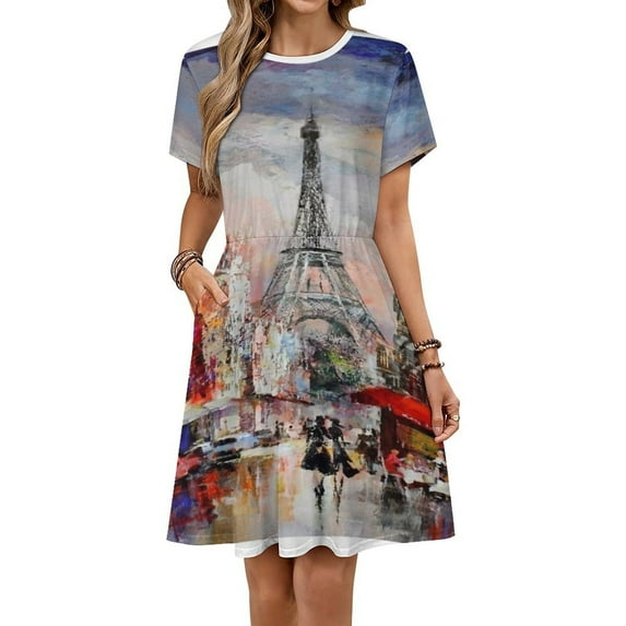 Romantic Paris Eiffel Tower Dress Summer Street Style Dresses Female Short Sleeve Printed Sundress