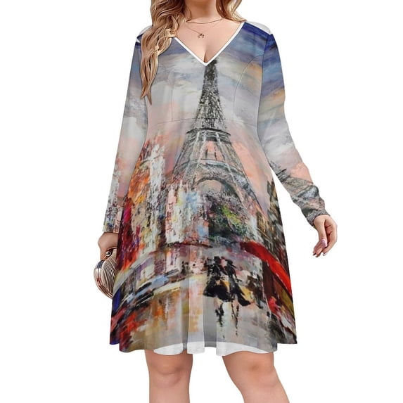 Romantic Paris Eiffel Tower Long Sleeve Sexy Dresses For Women Ladies Vintage Elegant Party Dress Oversized V-neck Dress