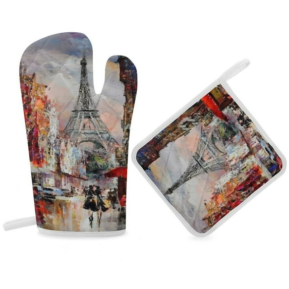 Romantic Paris Eiffel Tower Oven Gloves And Pots Stand Set Oven Gloves And Pot Racks Pot Racks And Oven Gloves Set
