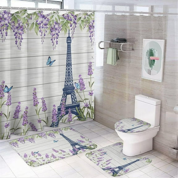 Romantic Paris Eiffel Tower Shower Curtain Sets 4 Piece,Modern Women's Red Lips Makeup Theme Eiffel Tower Bathroom Decor Sets with Rugs Include Waterproof Non-Slip Toilet Lid Cover Bath Mat