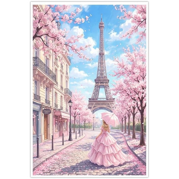 Romantic Paris Eiffel Tower Wall Art Poster Spring Cherry Blossom Scene Print Dreamy Girl in Pink Dress Decor for Bedroom Living Room Home Decor Gift--