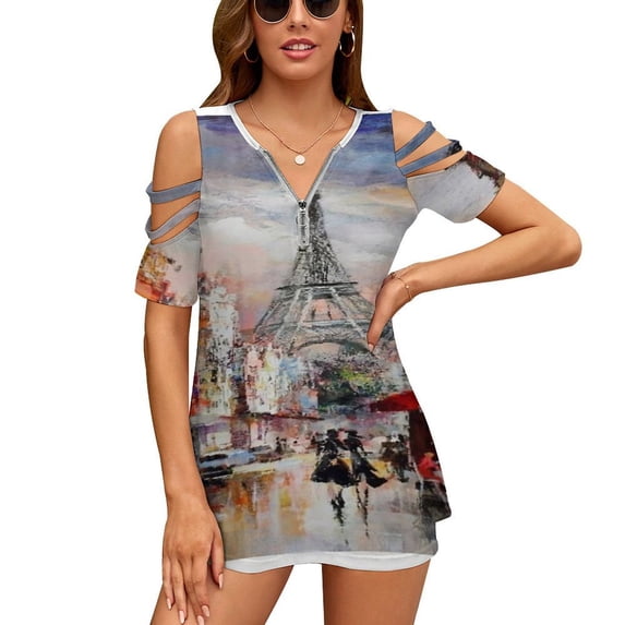 Romantic Paris Eiffel Tower Womens Summer V Neck Zipper Top Short Sleeve T Shirt Off Shoulder Top Casual Classy Loose Shirts