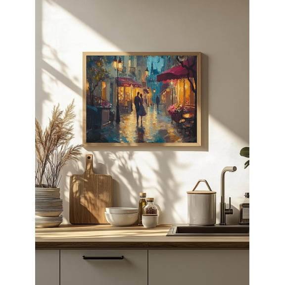 Romantic Paris Street Print Poster, Impressionist Couple Walking Art, Parisian Nightscape, Rainy City , Love Gift, French Cafe Decor 1110, Size 8x12 UNFFRAMED F03.1.6l2235