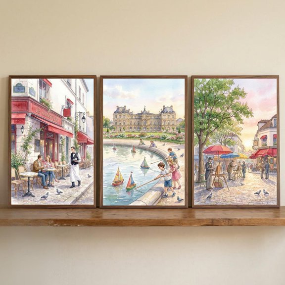 Romantic Paris Vacation Wall Art, French Cityscape Watercolor, European Travel Illustration, Montmartre Cafe, Luxembourg Garden, Stretched Canvas