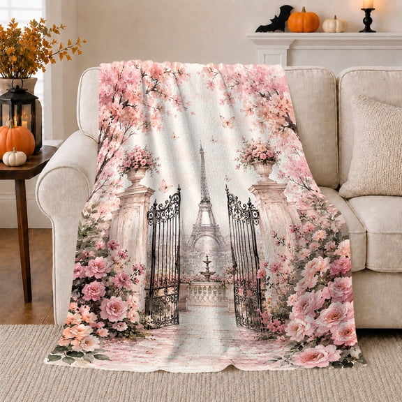 Romantic Parisian Garden Gate, Cozy Friendship Quote Scene, Warm Flannel Blanket for Living Room and Reading Nook, Art Lovers Friendship Gift, Artistic Home Decor