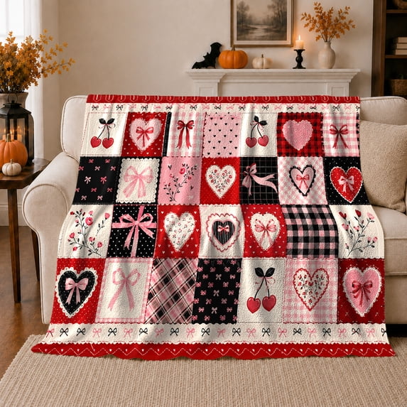 Romantic Patchwork Hearts On Sofa With Pumpkins Cozy Rustic Flannel Blanket For Women Valentine's Day Gift Soft Home Decor In Living Room Bedroom