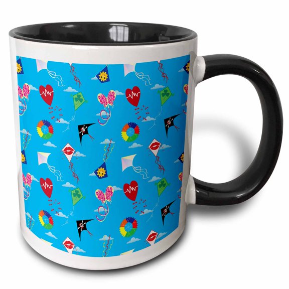 3drose, Romantic Pattern of Colorful Kites in the Blue Sky. Funny Gift, Card, 15oz Two-tone Black Mug
