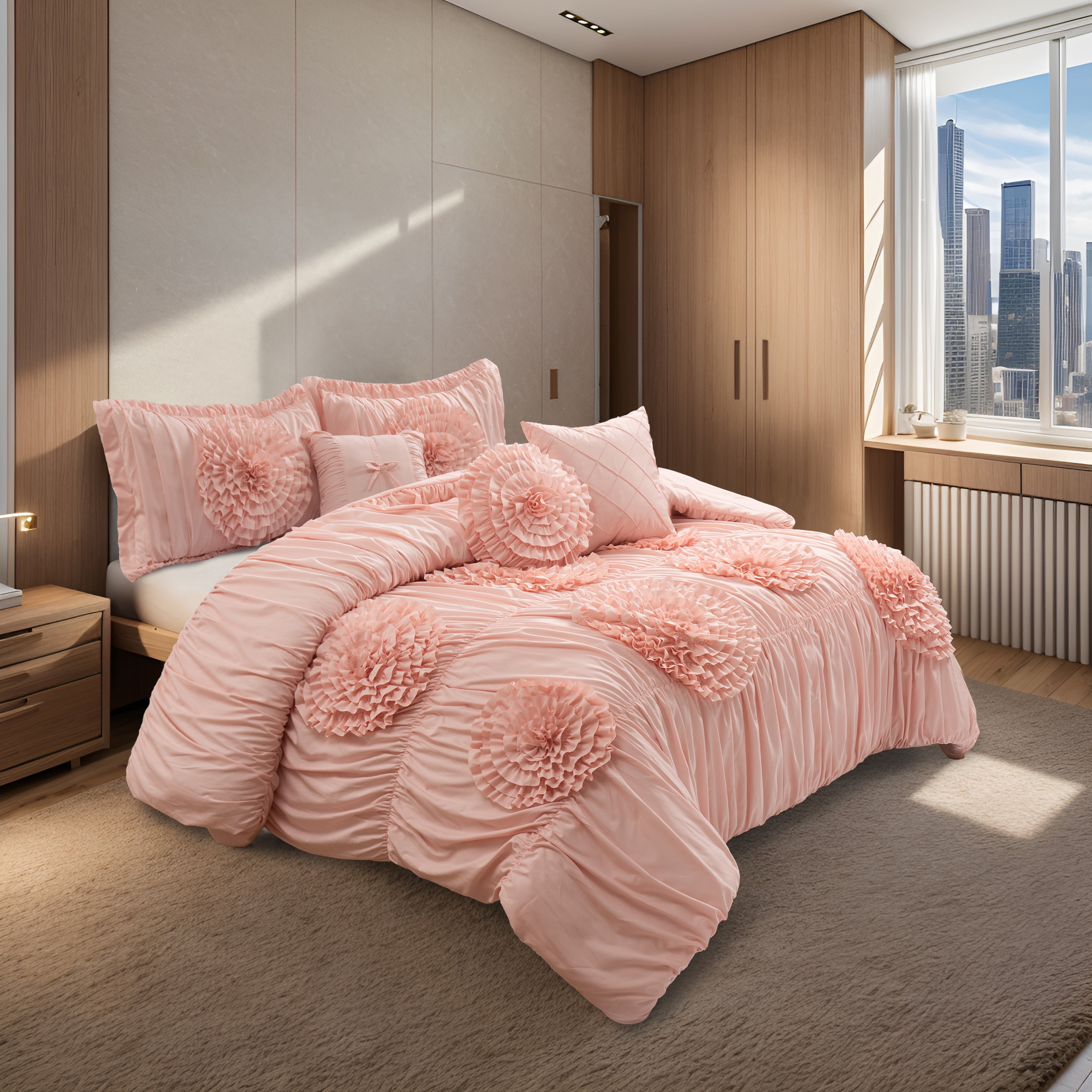 7pc Peach Queen Floral Ruffled Comforter Set with 3D Appliqué