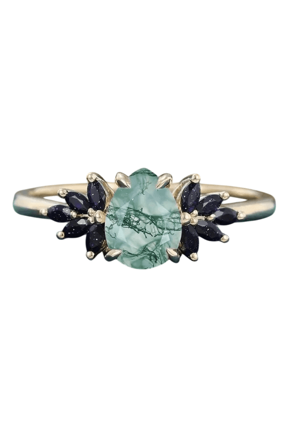 Romantic Pear-Cut Natural Moss Agate & Galaxy Blue Sandstone Engagement Ring in 925 Sterling Silver – Unique Design, Hypoallergenic, and Perfect for Love