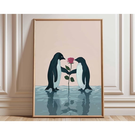 Romantic Penguin Cute Animal Whimsical Wildlife Valentine Wall Art Print, Unframed Paper Poster 11x14in