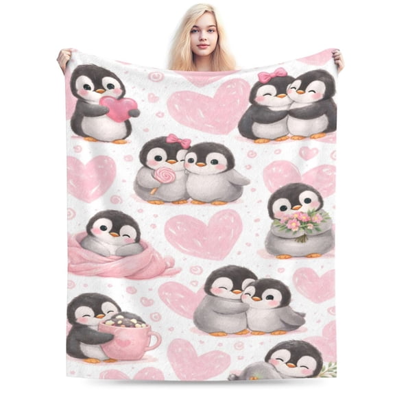 Romantic Penguin Love Blanket, Pink Heart Valentine Throw, Winter Couple Fleece Blanket for Valentine’s Day Home Decor 60x50