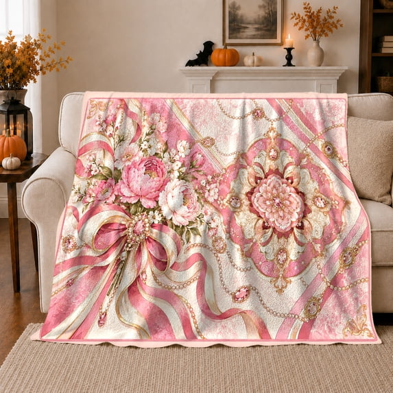 Romantic Peonies White Flowers Jeweled, Cozy Botanical Garden Scene, Warm Flannel Blanket for Sunroom and Reading Nook, Garden Lovers Valentine's Day Gift, Artistic Home Decor