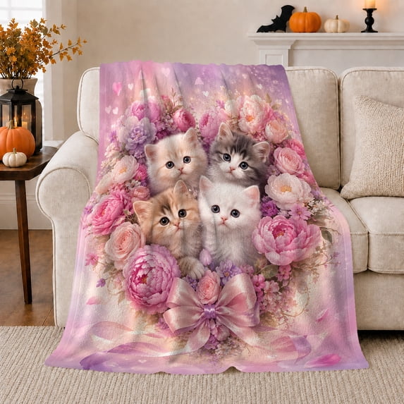 Romantic Peony Kitten Floral Digital Print, Cozy Pet Portrait Pattern, Warm Flannel Blanket for Living Room and Bedroom, Cat Lovers Valentine's Day Gift, Pet Lover Home Decor