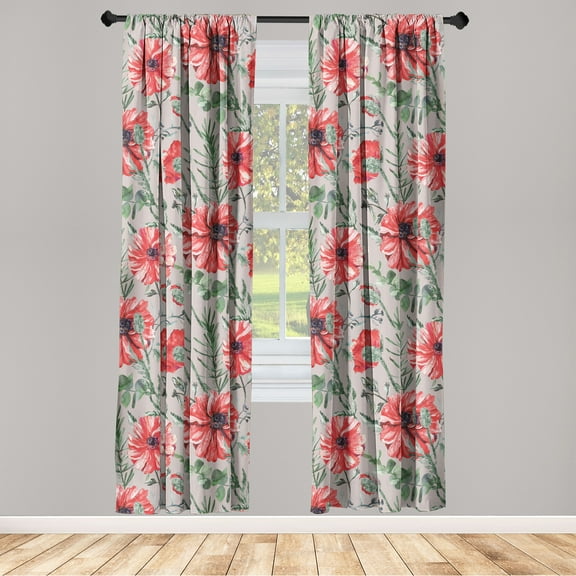 Romantic Peony Window Curtains, Vintage Pattern of Springtime Jungle Inspired Flowers Artwork, Lightweight Decor 2-Panel Set with Rod Pocket, Pair of - 28"x84", Dark Coral Peacock Green, by Ambesonne