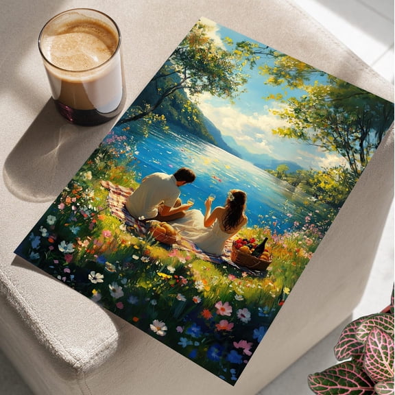 Romantic Picnic Couple Lake Wall Art, Botanical Love Scene Decor, Unframed Paper Print Size 8x12
