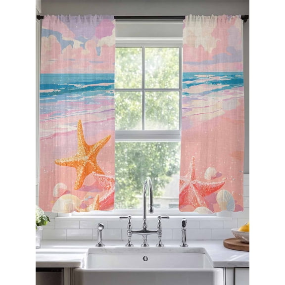 Romantic Pink Beach Sunset Sheer Curtains 2 Panels Set Starfish Shell Lihgt Filtering Rod Pocket Voile Drape,Semi Sheer Window Curtains for Bedroom Living Room,52"x72"