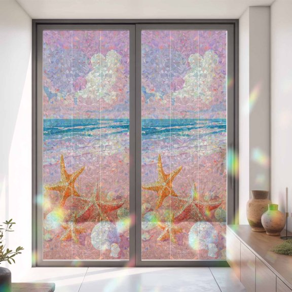 Romantic Pink Beach Sunset Window Privacy Film, Rainbow Film Decorative Window Sticker 35.4x78.7in, Starfish Shell Sun Blocking Static Stained Glass Cling Tint Non-Adhesive
