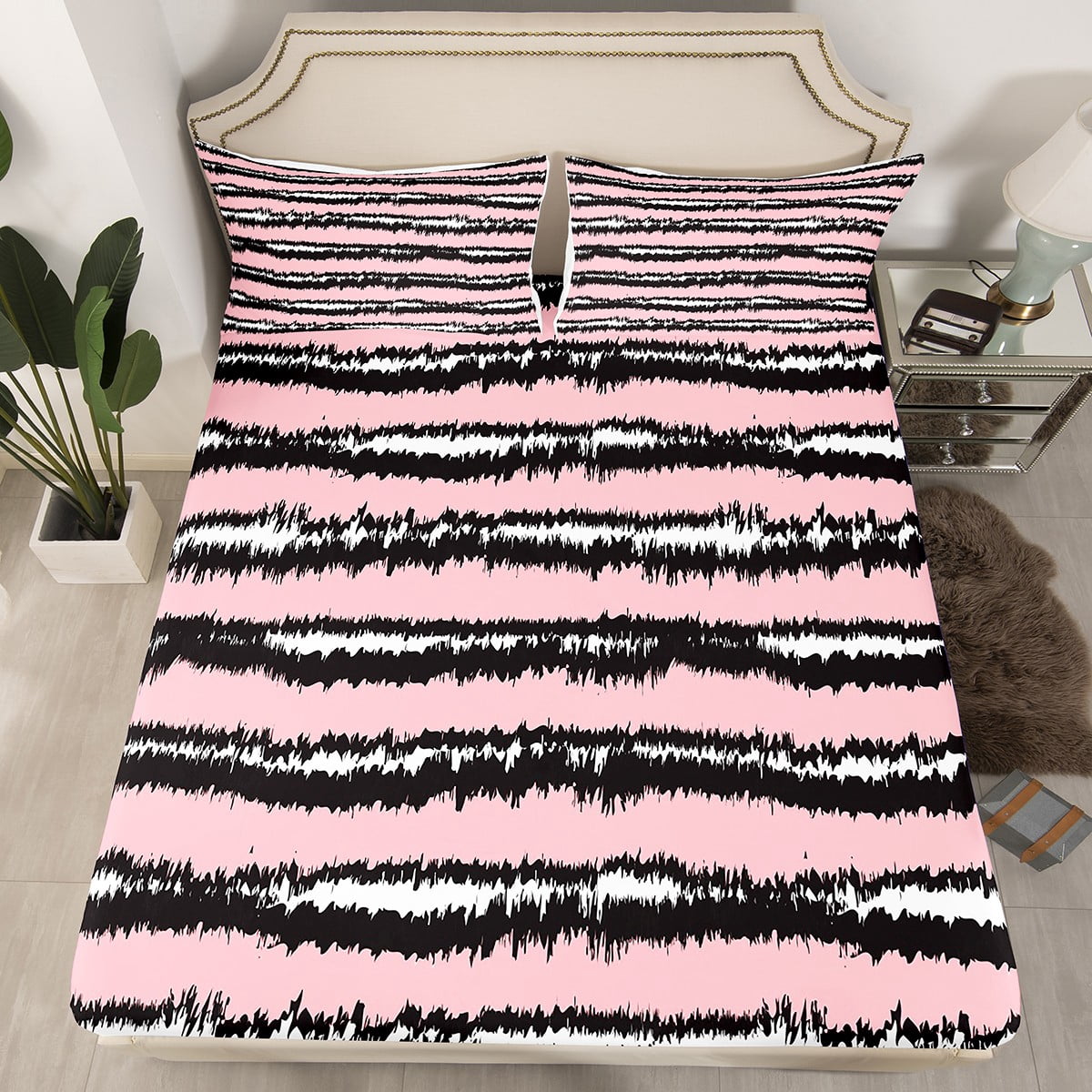 Romantic Pink Bed Set Faux Fitted Sheet Queen Size, Pastel Ombre Print ...