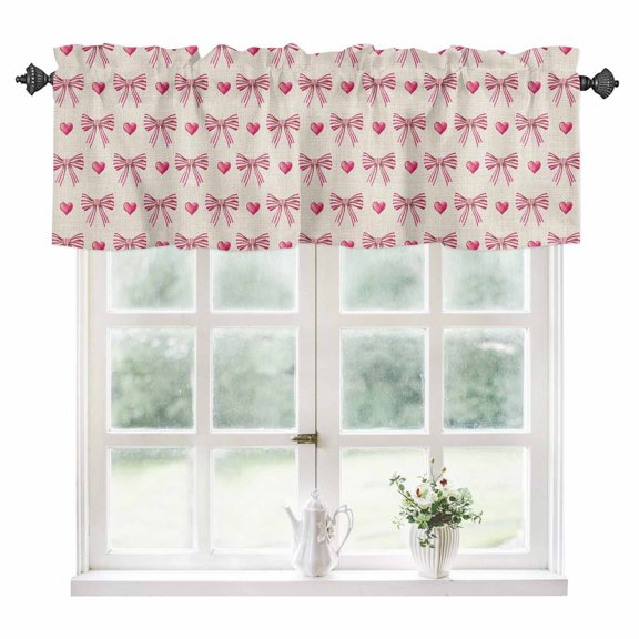Romantic Pink Bow Kitchen Valances for Windows 60x18 Inch Kitchen Curtains Valances Rod Pocket Heart Beige Simple Art Aesthetic Bathroom Window Valances for Window Treatment Decor