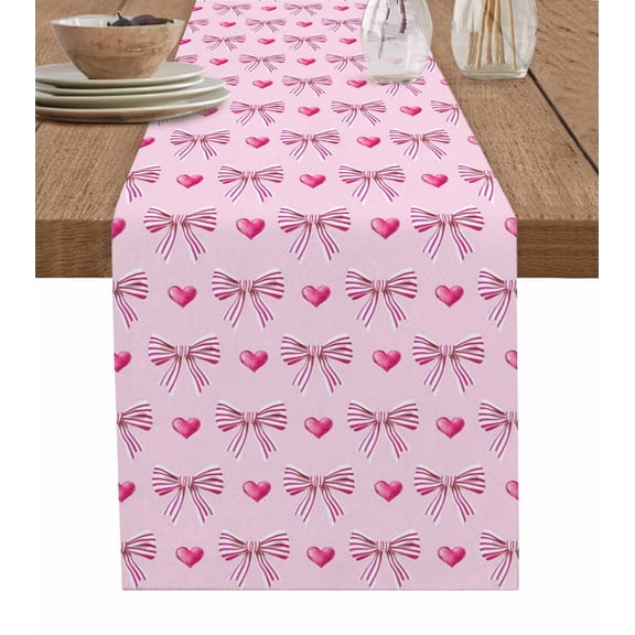 Romantic Pink Bow Table Runner 48 Inches, Love Vintage Preppy Art Bed Runner Dresser Scarves Tabletop for Indoor Outdoor Parties/Ceremony/Banquet, 13" x 48"