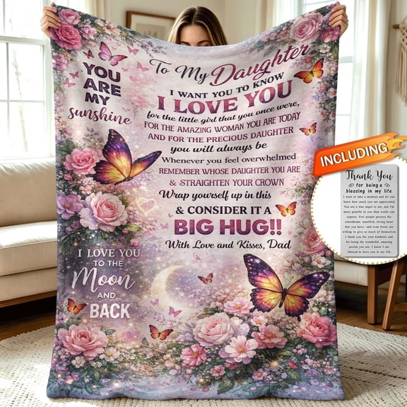 Romantic Pink Floral Butterfly blanket for daughter, Soft Flannel Throw Blanket, gift for daughter from dad, birthday, graduation, Christmas, family gifting occasion, 30x40in