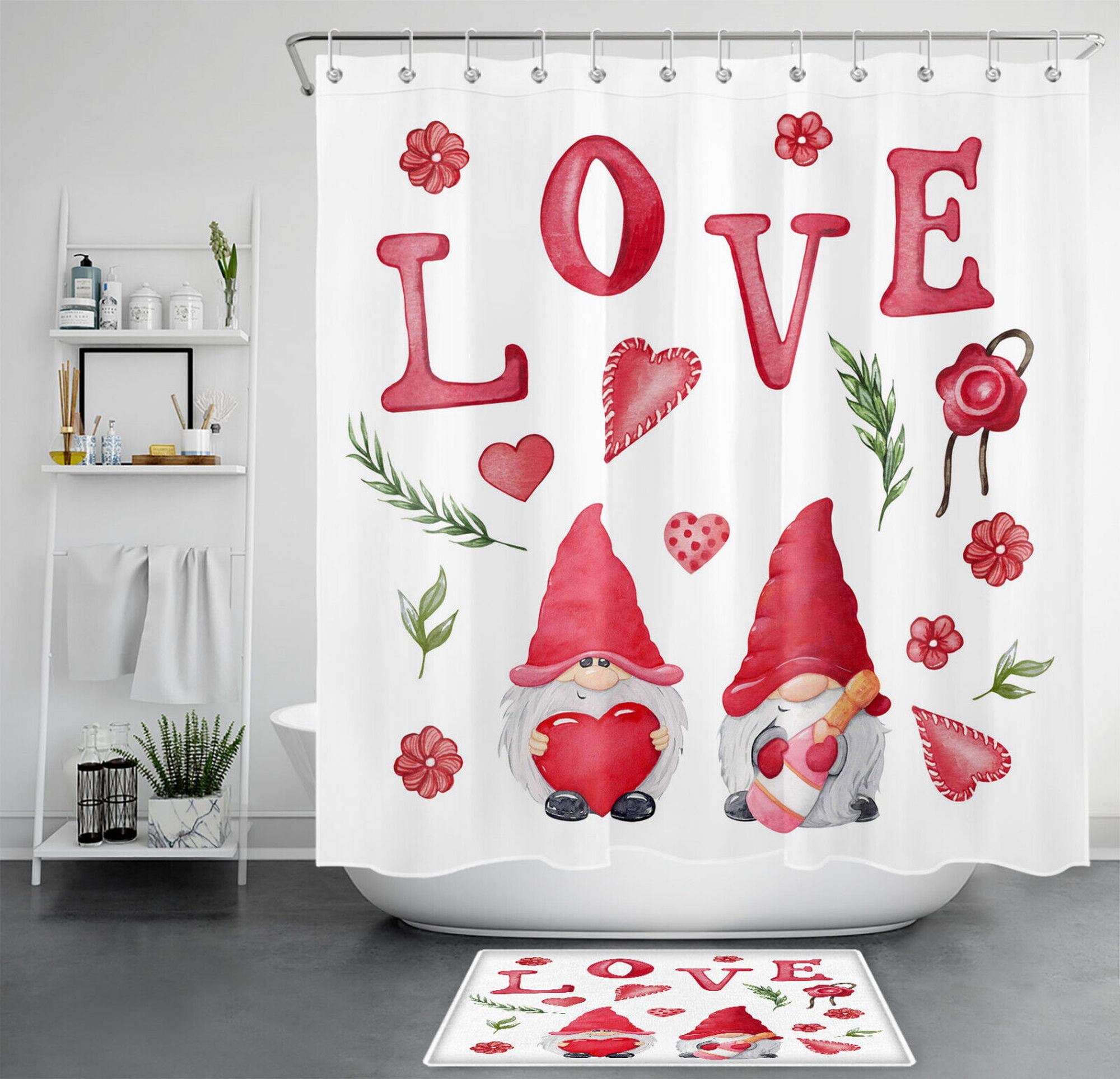 Romantic Pink Floral Gnome Shower Curtain Set Perfect for Valentine's Day Bathroom Decor