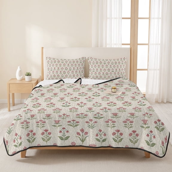 Romantic Pink Flowers 3 Pieces Quilt Set,1 Quilt with 2 Shams,Tiny Rosebud Ditsy Floral Bedspread Soft Lightweight Bedding Coverlet Comforter Set for All Season 96"x106"