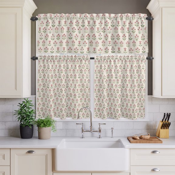 Romantic Pink Flowers Curtain Tier and Valance Set 3 Piece,Tiny Rosebud Ditsy Floral 3-inch Rod Pocket Window Tier Curtains Valance for Kitchen Living Room