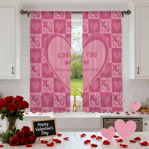 Romantic Pink Love Sweet Heart Chiffon Sheer Curtains 63 Inches Long, Valentine's Day 2 Rod Pocket Window Treatment Voile Drapes Curtains for Living Room Bedroom,2 Panels, 52x63In
