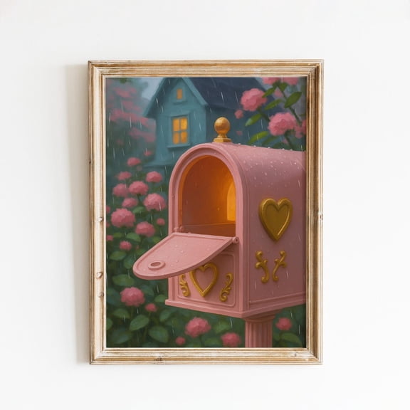Romantic Pink Mailbox Art Poster – Cozy Cottagecore Wall Decor, Unframed Poster Size 12x18