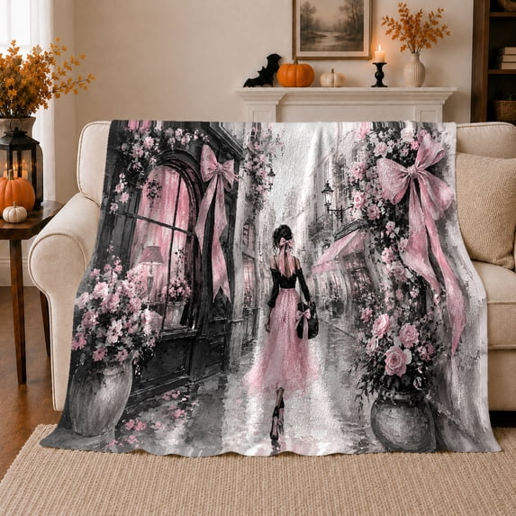 Romantic Pink Paris Cobblestone Street Woman Walking Away, Warm Flannel Blanket for Living Room and Reading Nook, Festive autumn celebration Scene, Art Lovers autumn celebration Gift