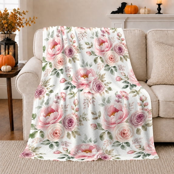 Romantic Pink Peony Purple Rose Watercolor Floral, Cozy Botanical Garden Scene, Warm Flannel Blanket for Sunroom and Reading Nook, Garden Lovers Appreciation Gift, Botanical Home Decor