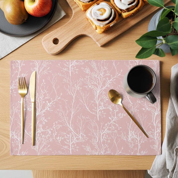 Romantic Pink Placemats Set of 2, White Tree Branch Botanical Abstract Plant Leaves Heat Insulated Linen Place Mats, Washable Stain-Proof Table Mats for Dining Tables Holiday Decor 13x19 Inches
