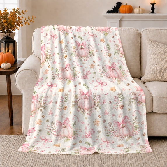 Romantic Pink Pumpkin Bow Pattern, Cozy Friendship Quote Scene, Warm Flannel Blanket for Living Room and Reading Nook, Art Lovers Thanksgiving Gift, Artistic Home Decor