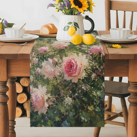 Romantic Pink Rose Table Runner 36 Inches Long, Retro Country Lush Meadow Table Runners Tabletop Scarf Kitchen Dining Tables Decoration for Home Party Indoor Outdoor