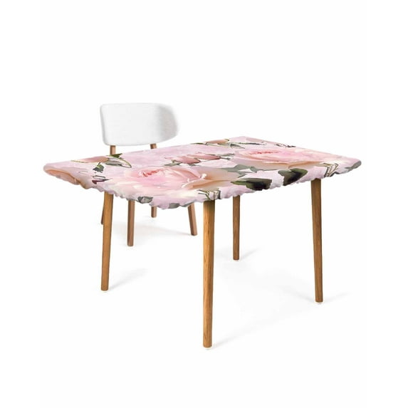 Romantic Pink Roses Rectangle Tablecloth, Waterproof Elastic Fitted Table Covers for 6 Foot Tables, 32x72inch Decorative Tablecloths for Picnic, Camping, Indoor, Outdoor, Watercolor Botanical Floral