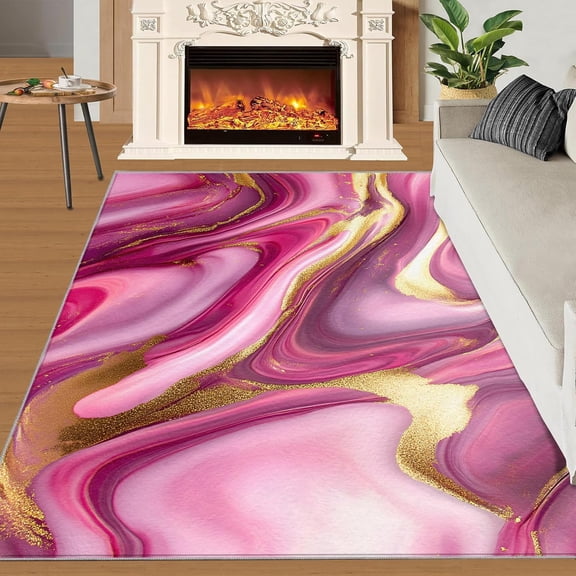 Romantic Pink Washable Rugs for Living Room Bedroom Red Marble Rug Home Decor, Light Luxury Gilded Marble Area Rug Aesthetics Non Slip Indoor Carpet Gifts-5' x 8'